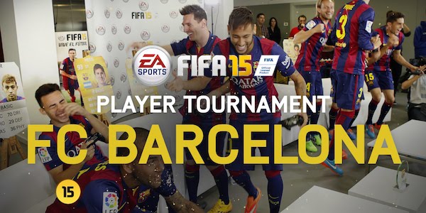 Huit joueurs du FC Barcelone se sont défiés en deux équipes de quatre sur le jeu FIFA 15. - @EASports