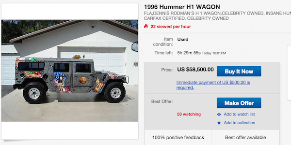 Malgré un nombre élevé de visites sur la page, personne n'a encore formulé d'offre pour ce Hummer personnalisé par Dennis Rodman. - @DR