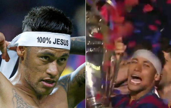 À gauche, Neymar avec son bandeau ou il est écrit “100% JESUS“. À droite, l'image censurée par la FIFA. Le message sur le bandeau est effacé. 