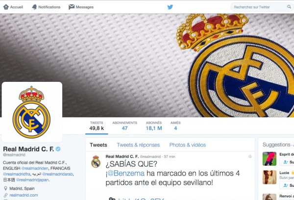 Page Twitter du Real Madrid. Le club espagnol compte tout de même 18,1 millions de followers-@A.N