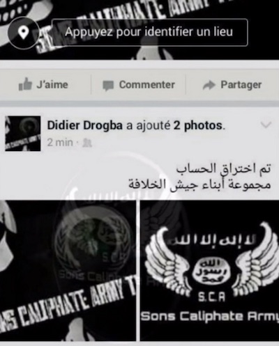 Capture d'écran de ce qui serait le piratage de la page Facebook de Drogba.
