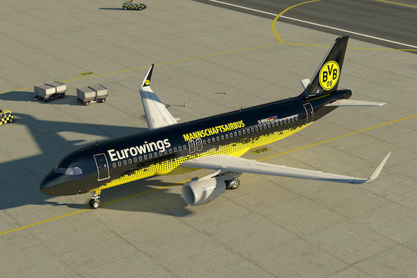 Pour célébrer le partenariat avec le Borussia Dortmund, la compagnie Eurowings a totalement relooké cet Airbus. - @Eurowings